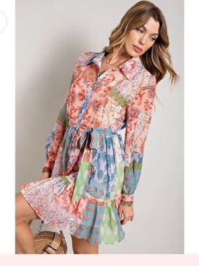 Patchwork Floral Tie-Waist Long Sleeve Dress - Multicolor